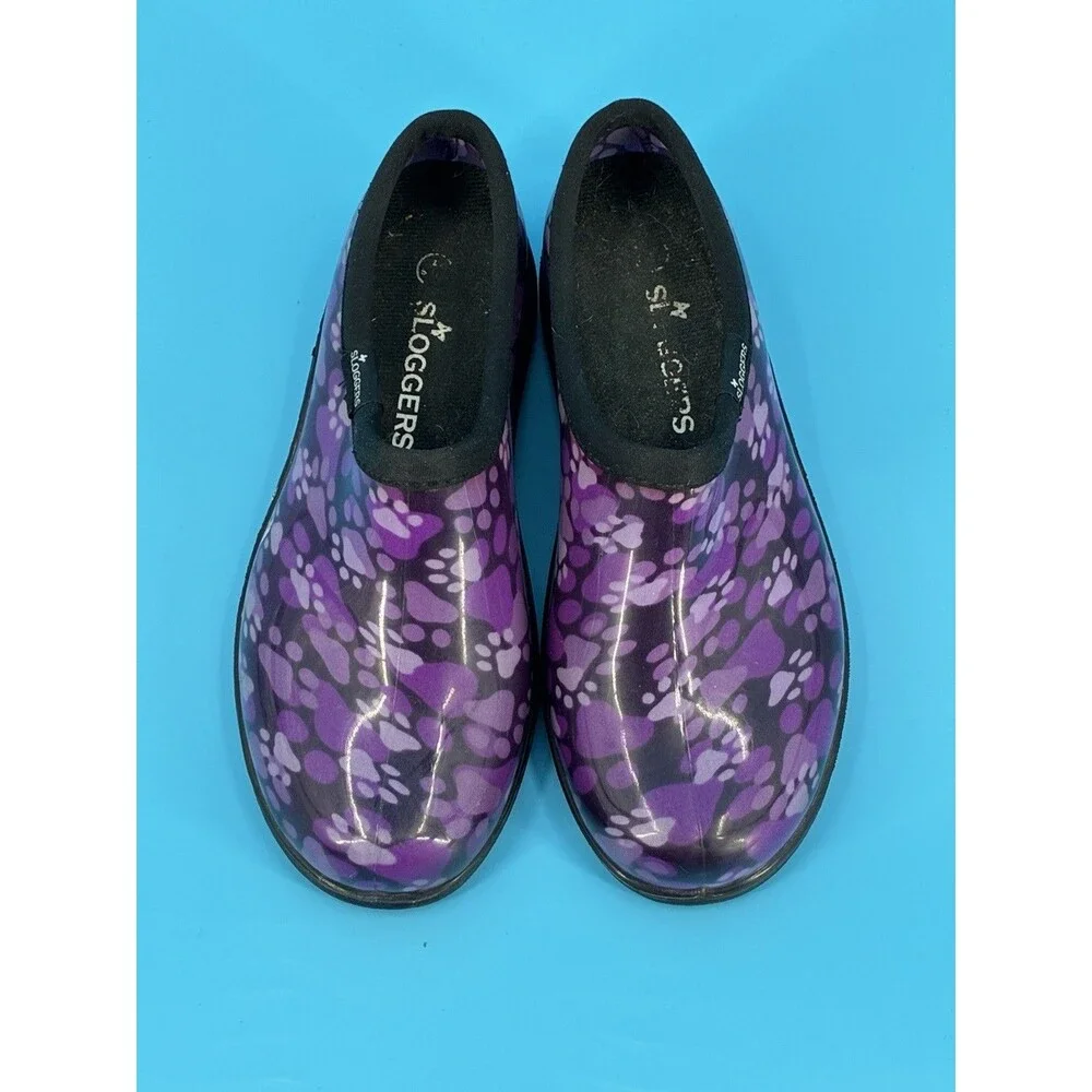Sloggers Women’s 7 Purple Floral Waterproof Garden Rain Shoes Made USA